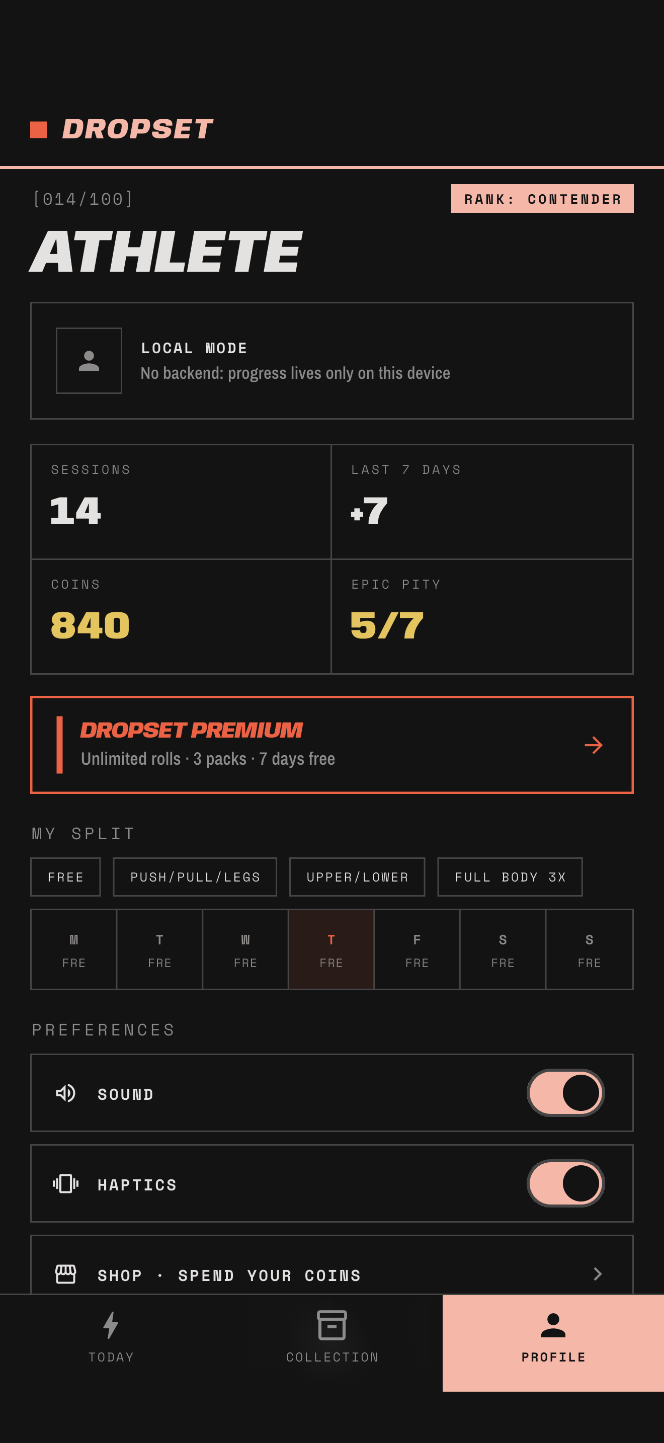 Your athlete profile with stats, visible pity counter and settings